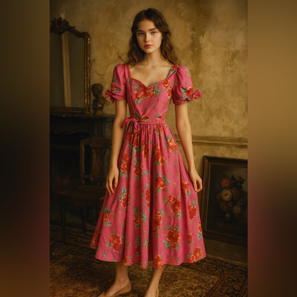 Laura Ashley Dresses & Skirts - Laura Ashley Dress 1980s Pink Floral Orange Pink Cotton Pleated Bow Dress Sz 6